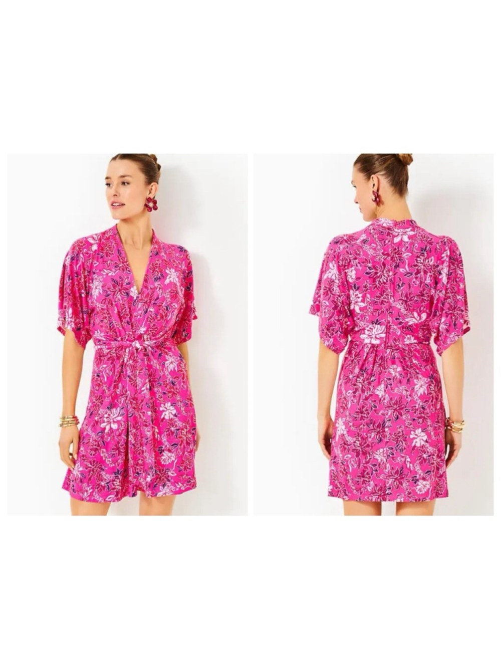 Lilly Pulitzer Wisteria Elbow Sleeve Tie Front Short Dress Passion Fruit Pink 2